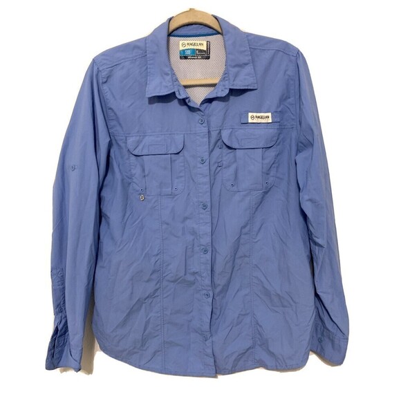 Magellan Outdoors Mens Size Large Blue Relaxed Fit Fish Hear Button Up Shirt - Picture 1 of 5